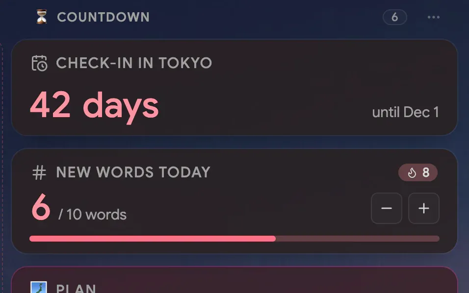 A countdown of 42 days to check-in above a counter of six new words today with an eight-day streak