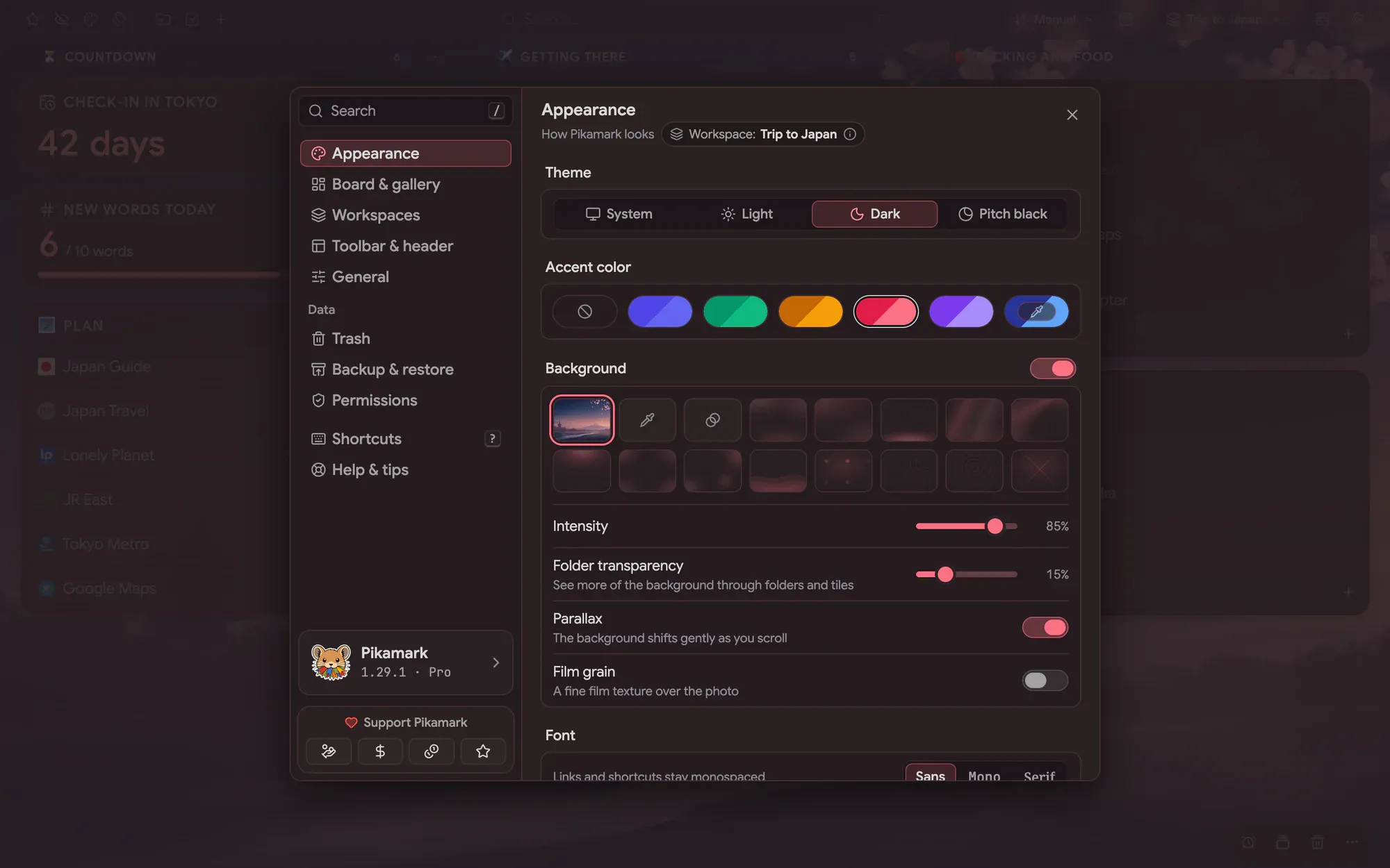 Settings open on Appearance with an uploaded painting selected as the background