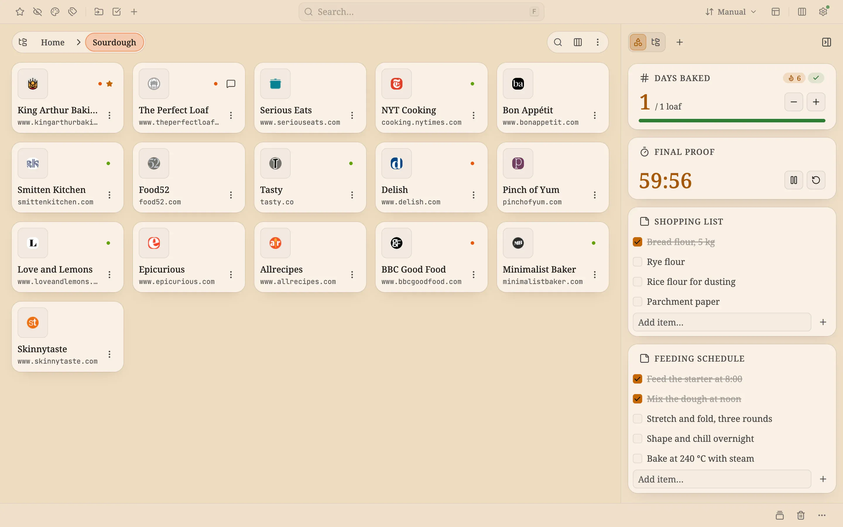 Sixteen recipe sites as tiles on a cream background in a serif font, beside a days-baked counter, a running proofing timer and two checklists