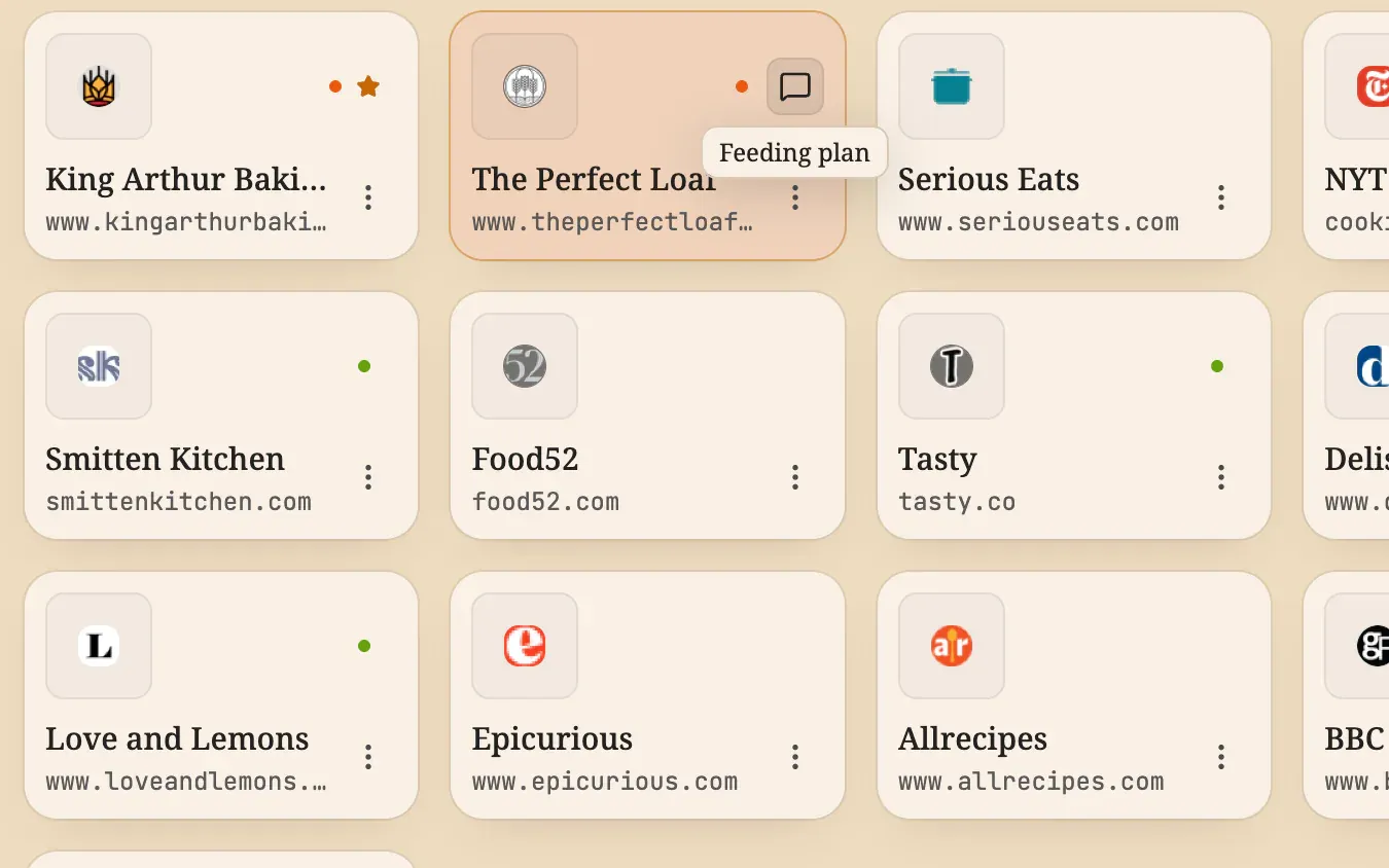 A comment tooltip on a recipe tile reading “Feeding plan”
