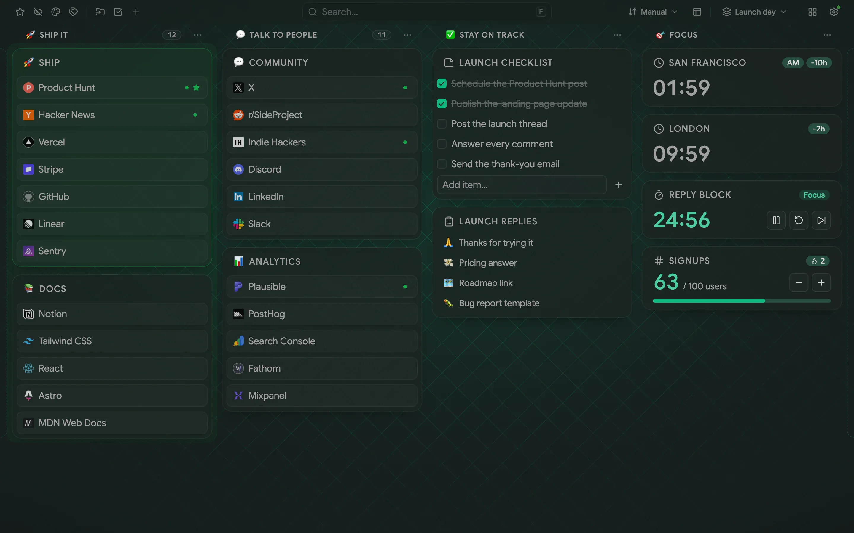 A dark emerald board on a grid background: four named columns of folders, a checklist, snippets, two city clocks, a focus timer and a signups counter