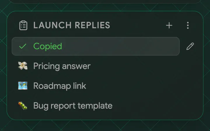 The Launch replies snippets card with the first snippet showing a Copied confirmation
