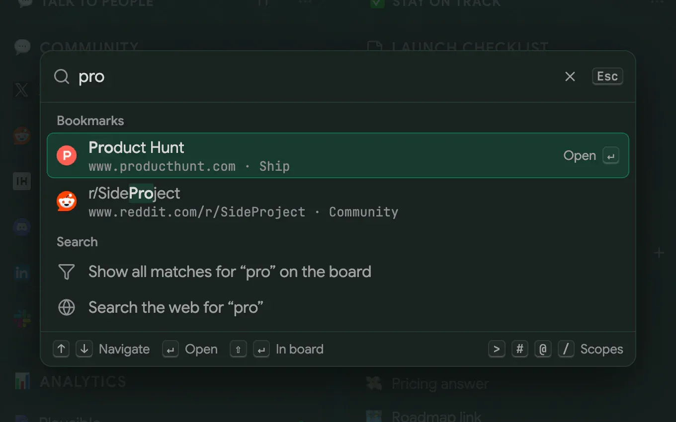 The command palette searching for “pro” and listing Product Hunt and a subreddit