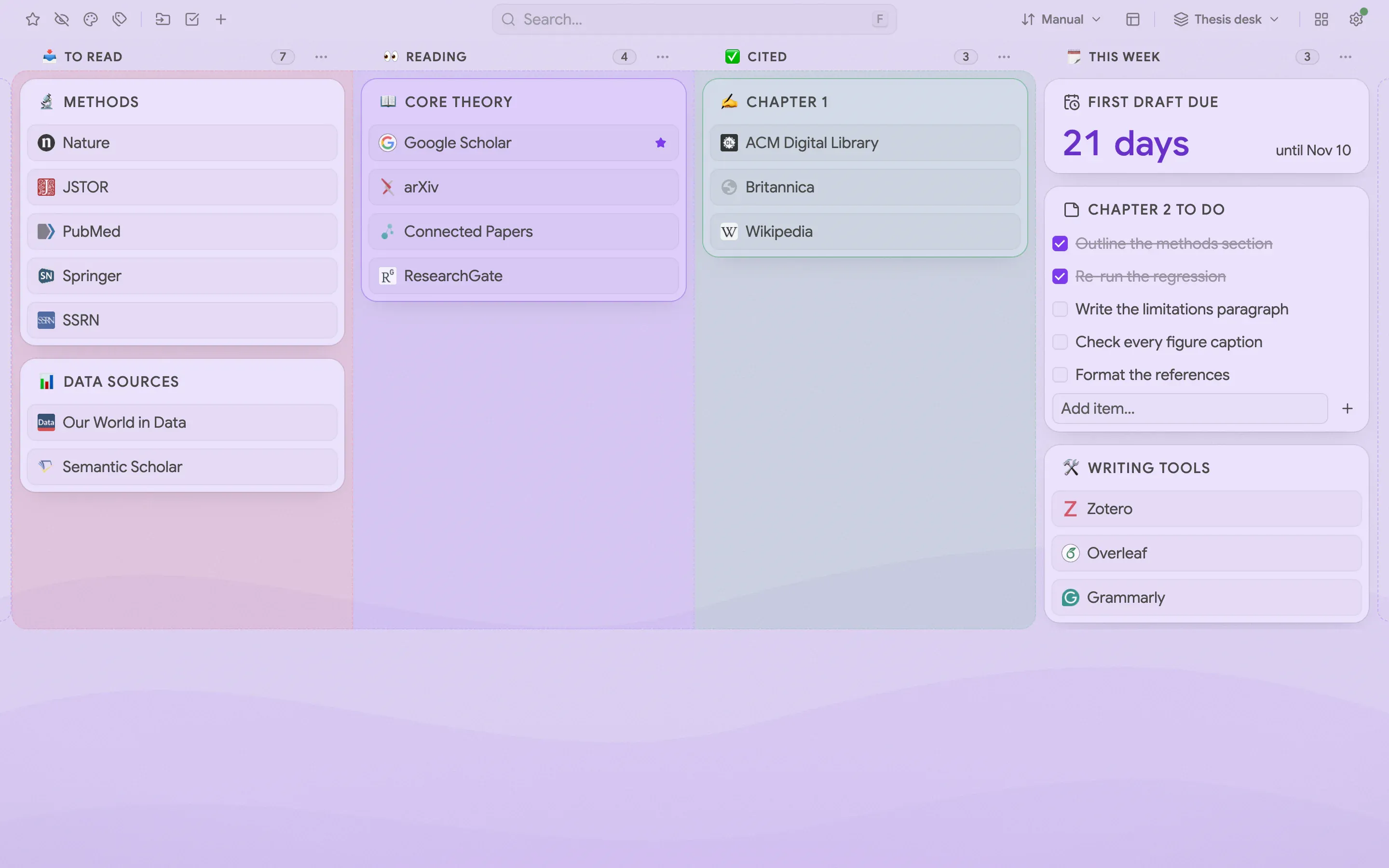 A lilac board with four named, colored columns, To read, Reading, Cited and This week, holding paper folders, a draft countdown and a chapter checklist