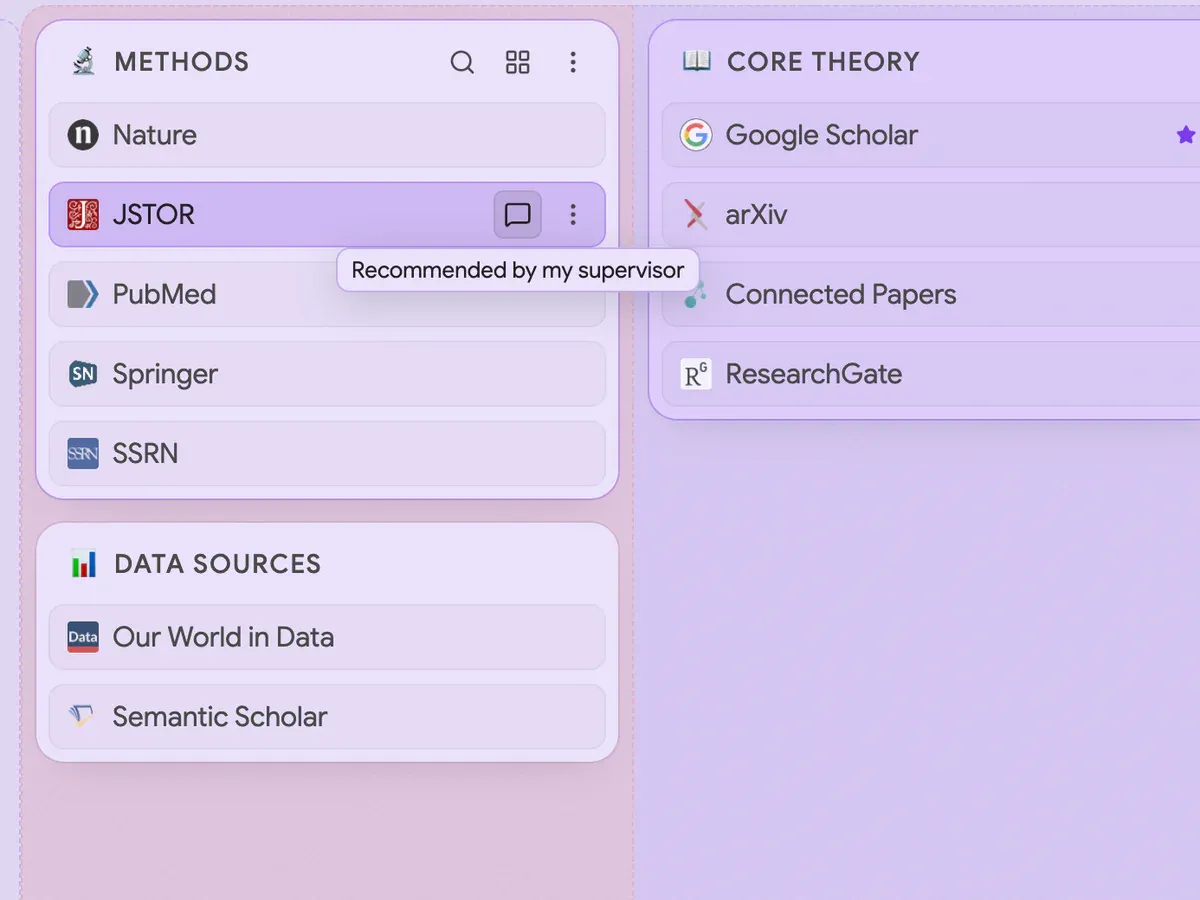 A comment tooltip on a journal link in the To read column reading “Recommended by my supervisor”