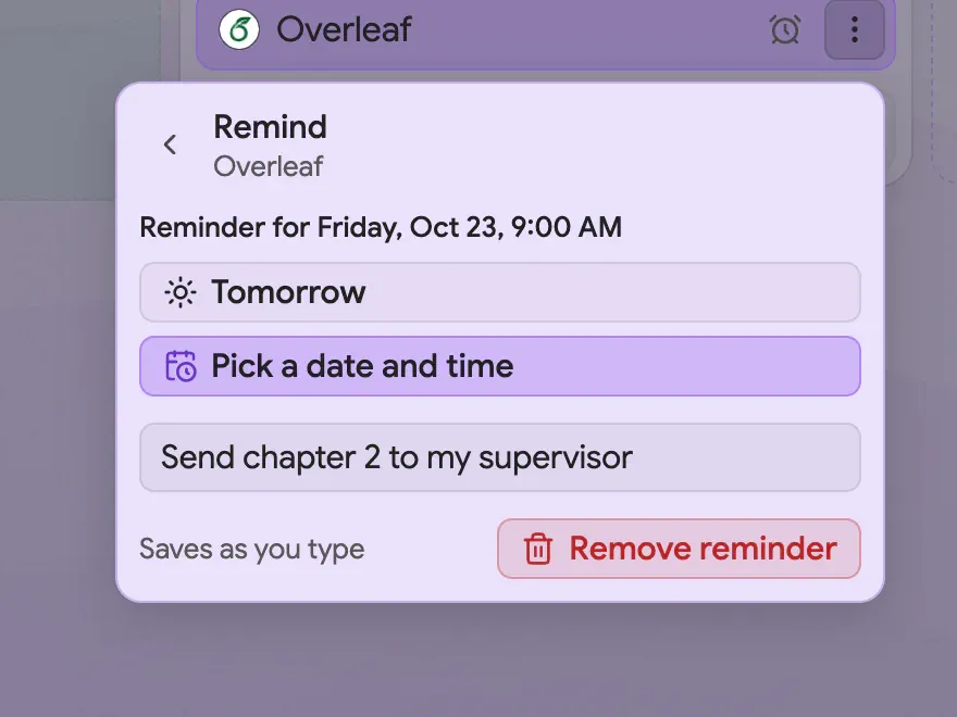 The reminder editor open on a writing tool with the message “Send chapter 2 to my supervisor”