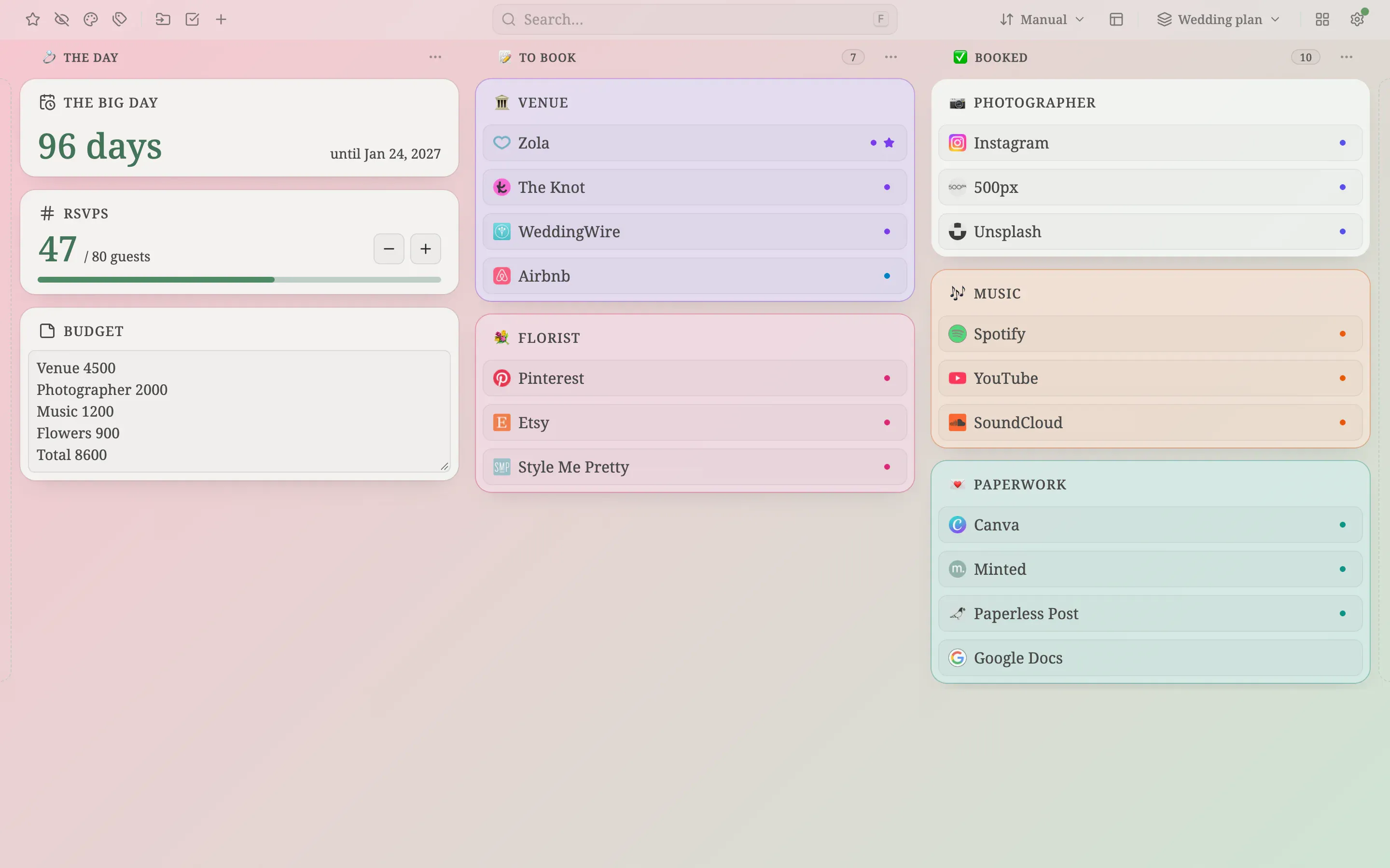 A pastel pink and sage gradient board with see-through folders in three named columns: a 96-day countdown, an RSVP counter, a budget note and vendor folders