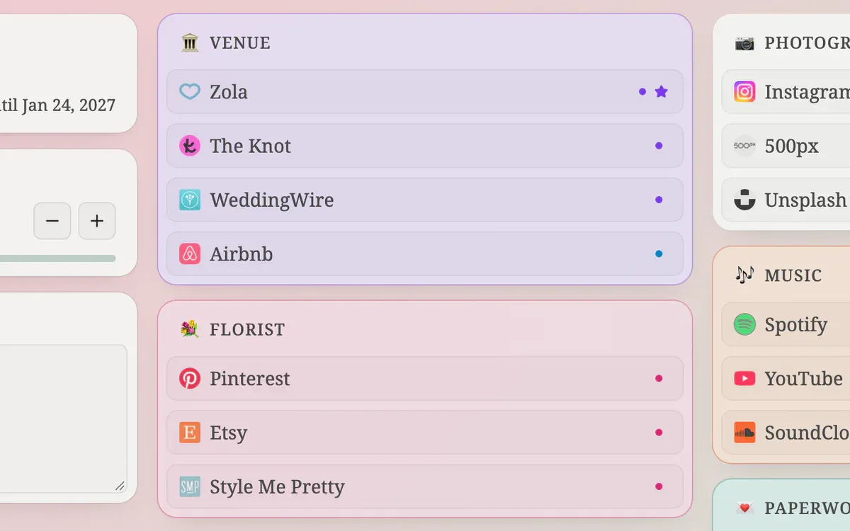 Venue and Florist folders with colored dots on each link marking its vendor tag