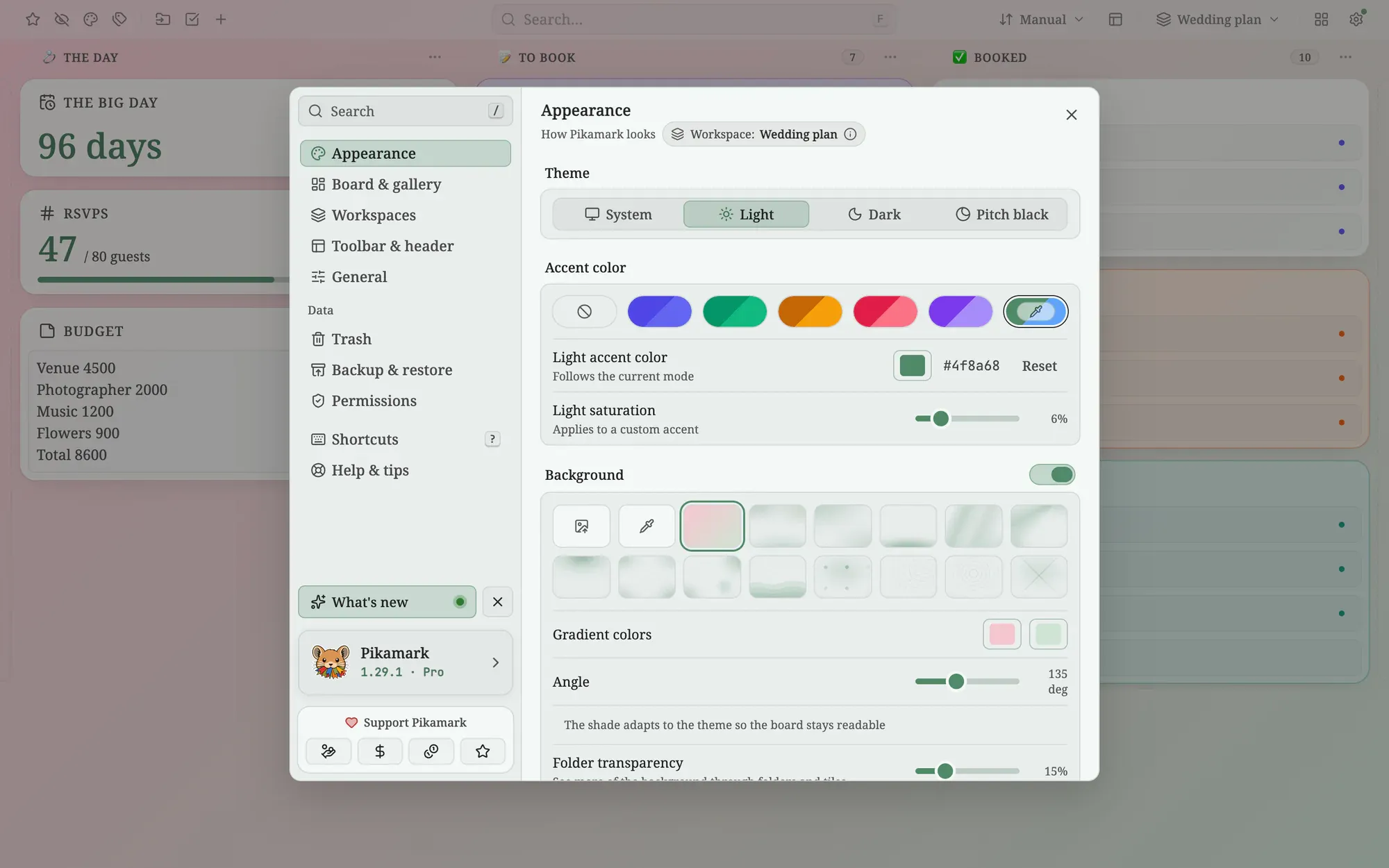 Settings open on Appearance with the gradient fill selected and its two colors and angle