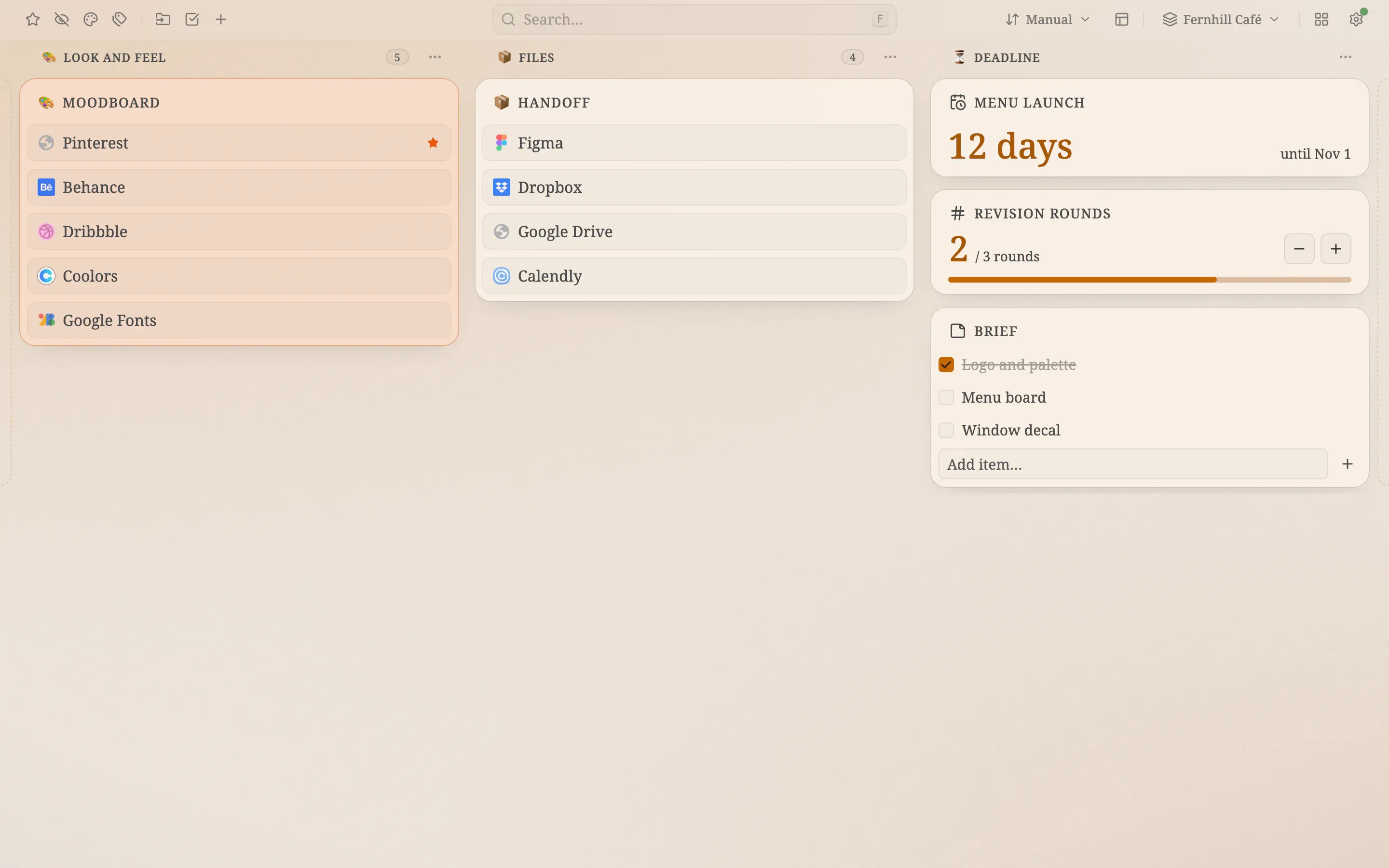 A light amber board for a café client: columns named Look and feel, Files and Deadline, a menu-launch countdown, a revision counter and a brief checklist