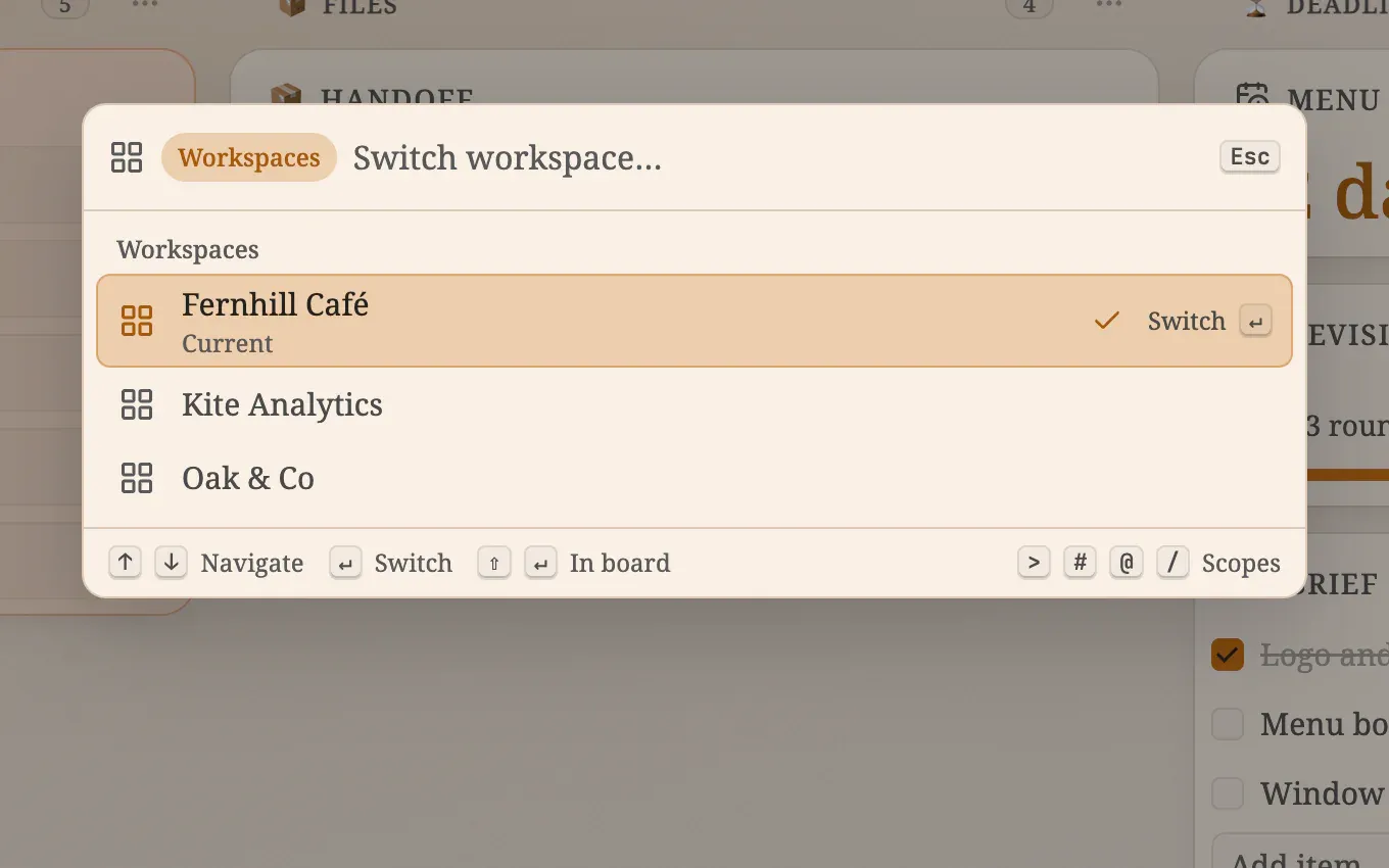 The command palette in workspace mode listing Fernhill Café, Kite Analytics and Oak & Co, with the current one checked