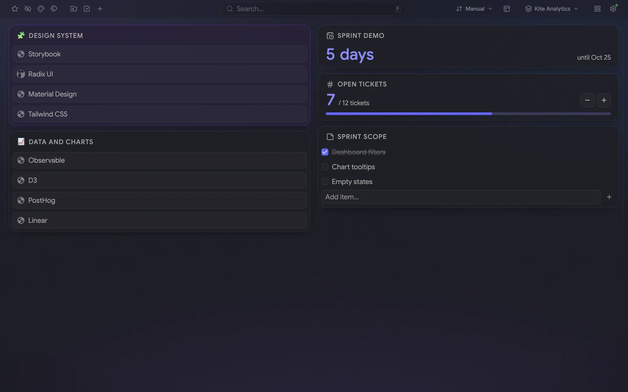 The Kite Analytics workspace: a dark indigo board with Design system and Data and charts folders, a sprint countdown, a ticket counter and a scope checklist