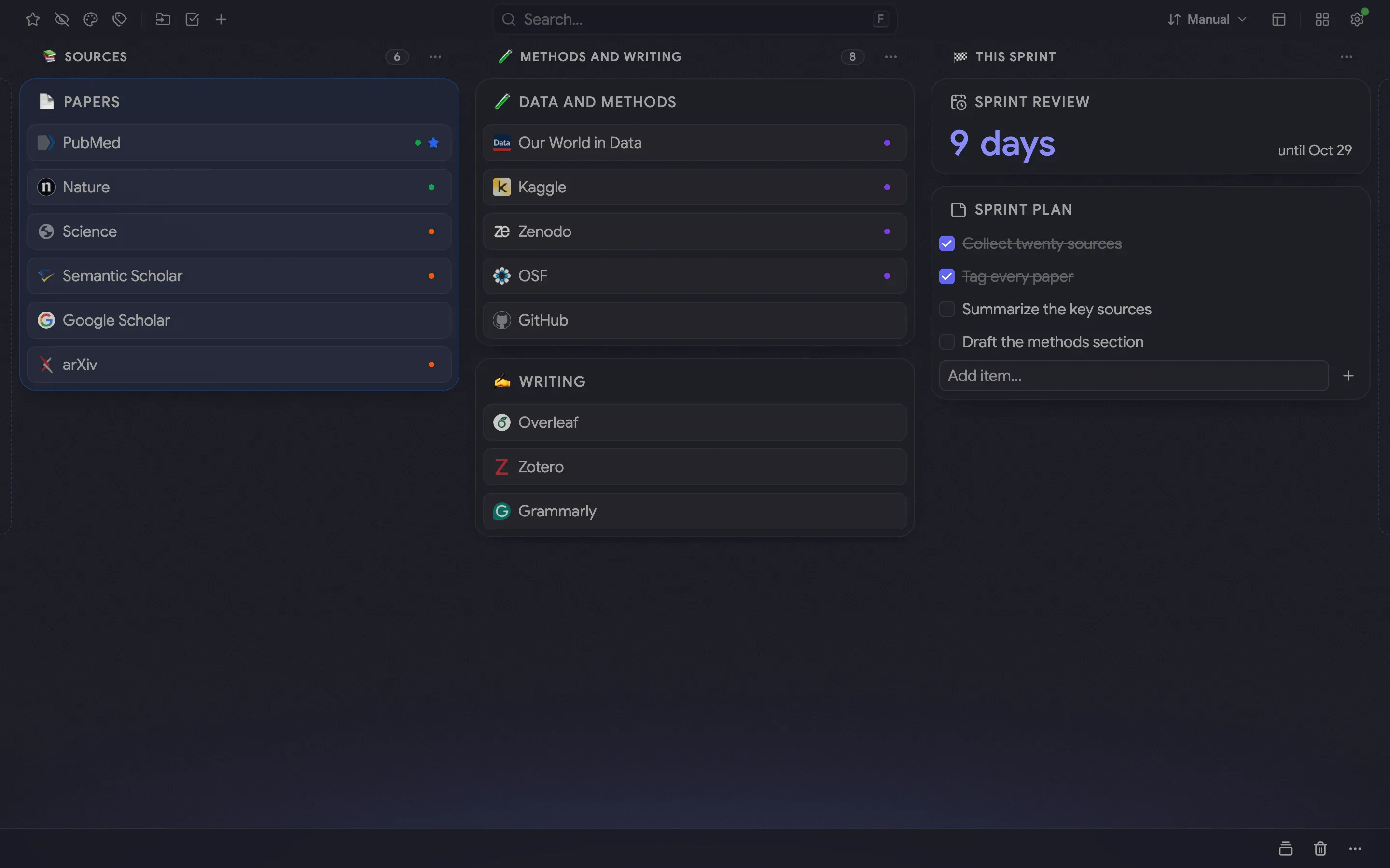 A dark indigo board with columns Sources, Methods and writing and This sprint: paper folders with colored tag dots, a countdown and a plan checklist