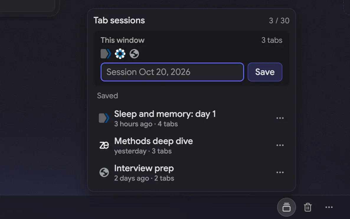 The Tab sessions panel with three tabs of the current window ready to save and three saved sessions, the first one called Sleep and memory: day 1