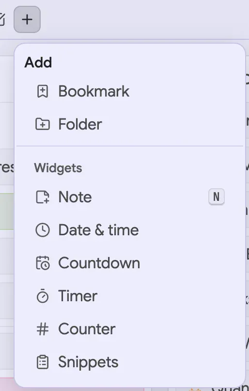 The Add menu: Bookmark and Folder, then a Widgets section with Note and four widgets