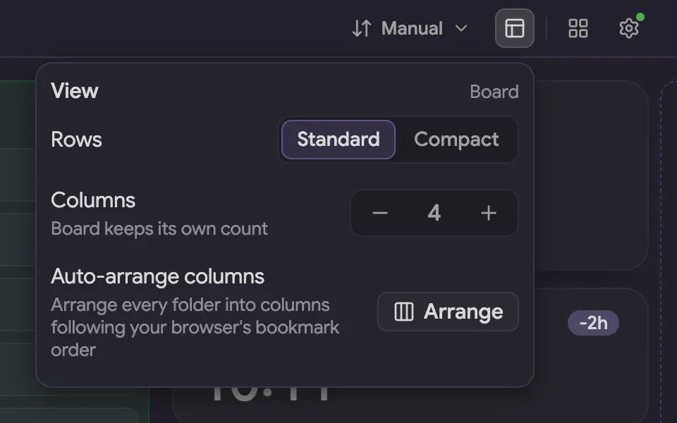 The View popover on the board: Rows, Columns and Auto-arrange columns