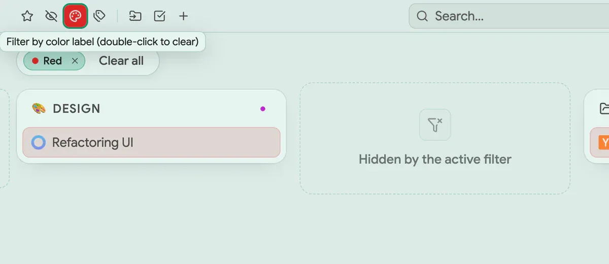 The header’s color filter, with a Red chip in the filter bar and the board narrowed to red items