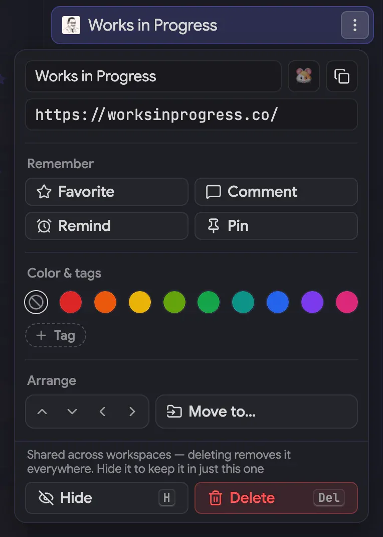 A bookmark’s item menu: Remember, Color and Tags, Arrange, Hide and Delete