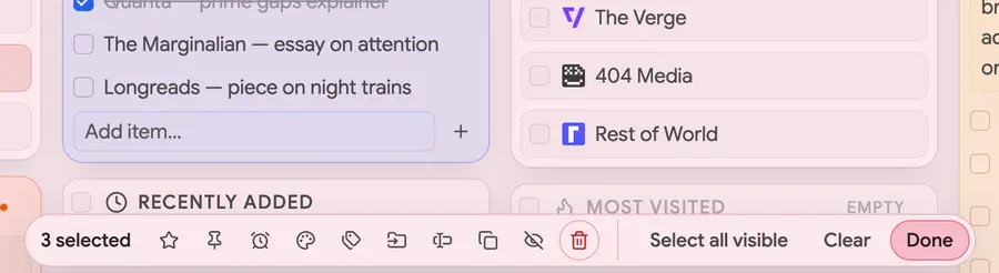 The selection bar: tag, favorite, color, hide, remind, pin, move, rename, copy and delete, then Select all visible, Clear and Done