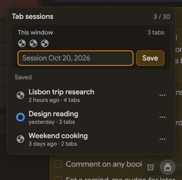 The Tab sessions panel with a save field and three saved sessions