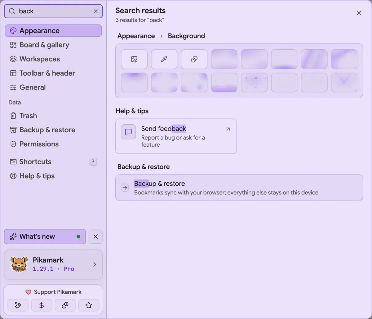 The Settings dialog: the page list, the search field and results for the word back