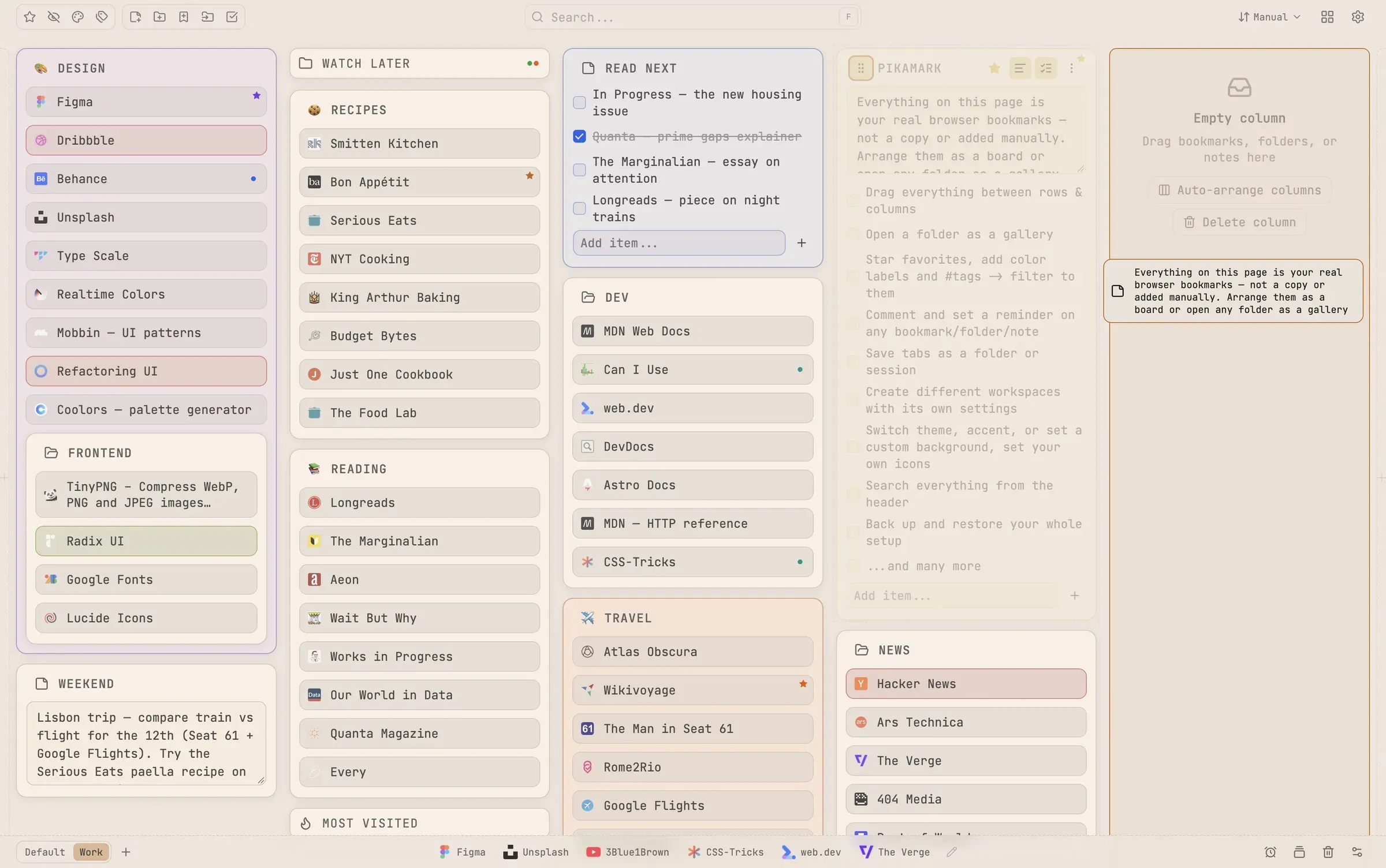Ein Pikamark-Board im hellen Design, direkt aus den vorhandenen Lesezeichen-Ordnern des Browsers aufgebaut, als verschiebbare Spalten angeordnet
