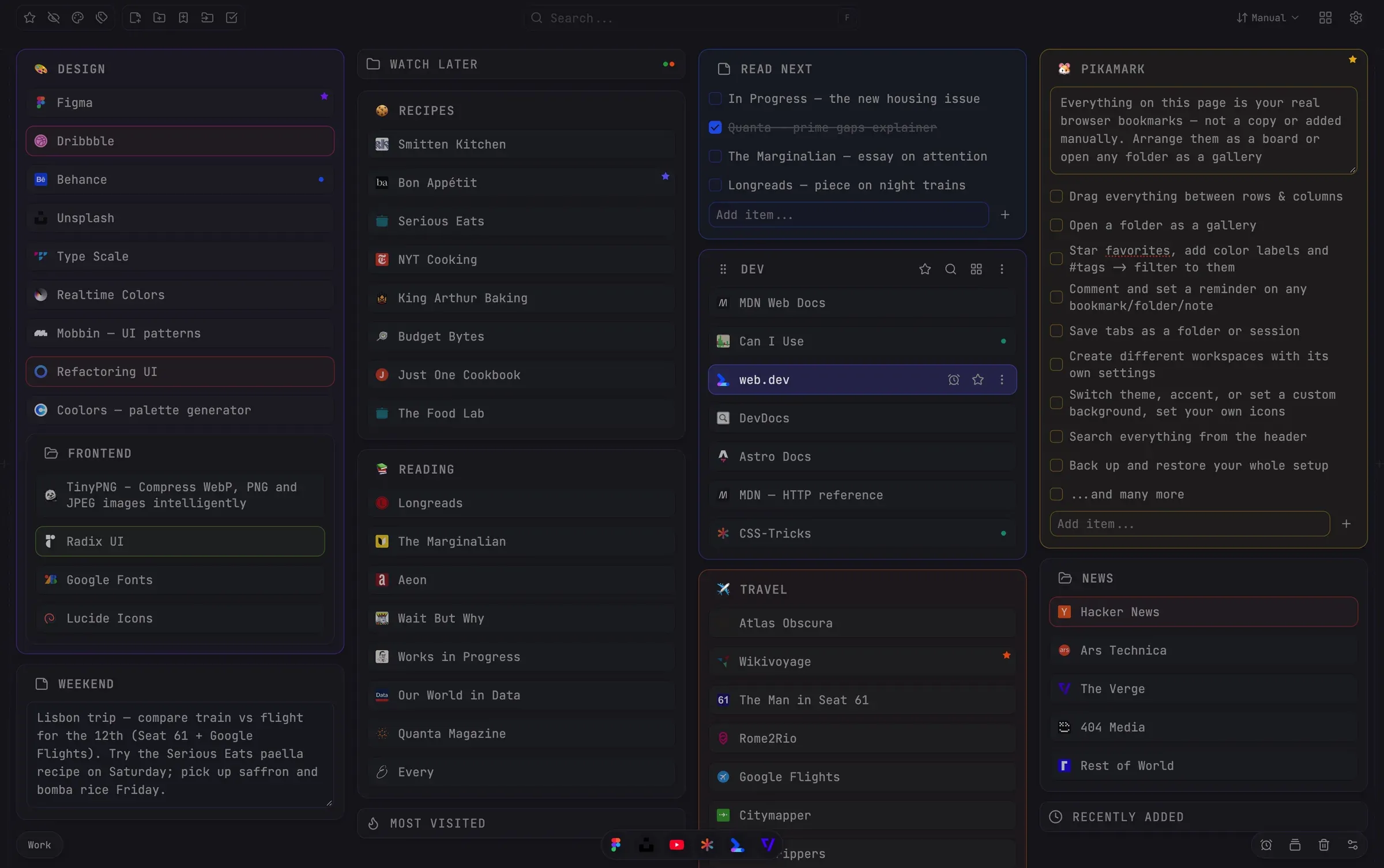 Das Spaltenboard im neuen Tab von Pikamark: Lesezeichen-Ordner als verschiebbare, größenveränderbare Spalten, mit einer Notizkarte und einer Suchleiste