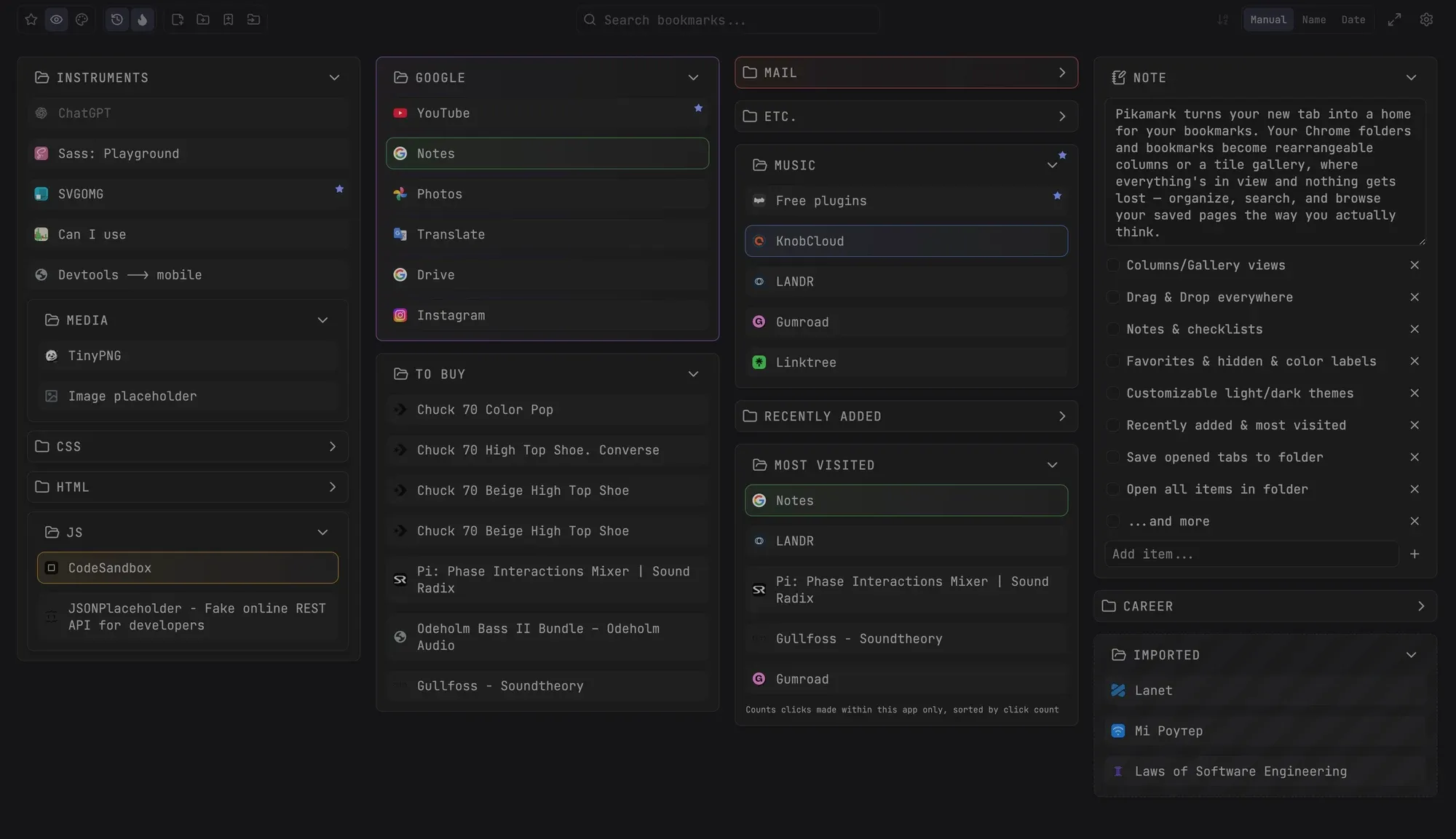 A dense dark-theme board with notes, recently added, most visited and hidden folders