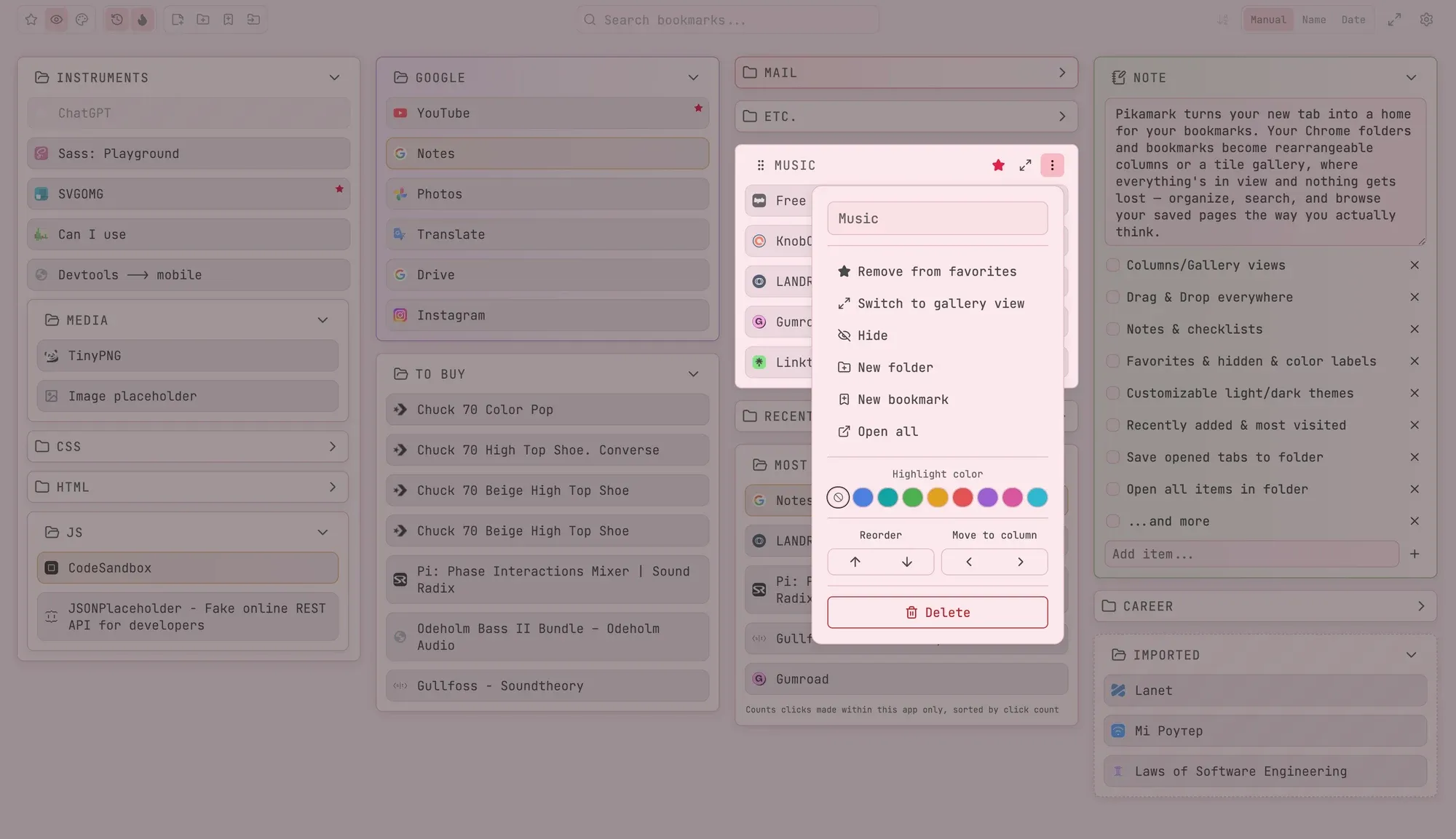 Color labels and the items actions menu